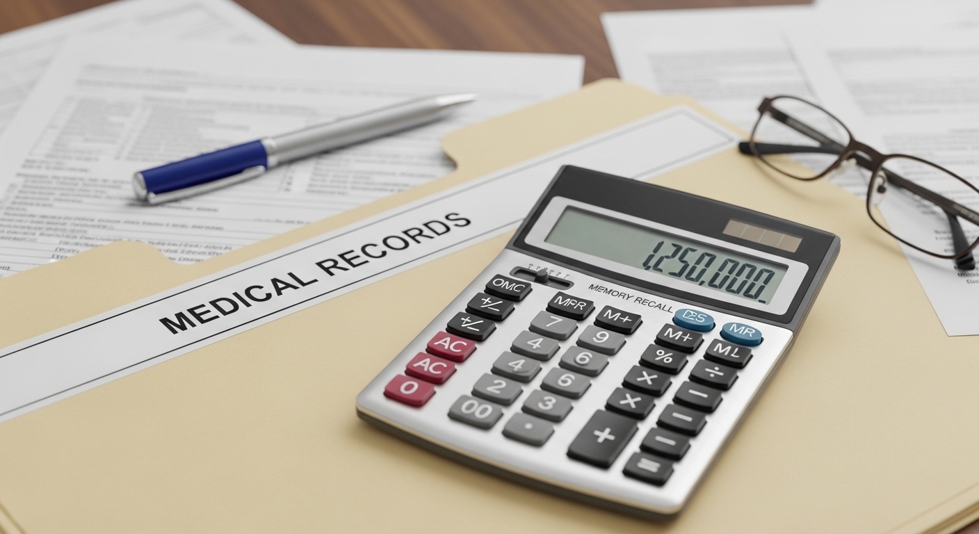 A close-up of a blue medical folder with a calculator and a pen, representing the process of quantifying financial losses in a personal injury case.