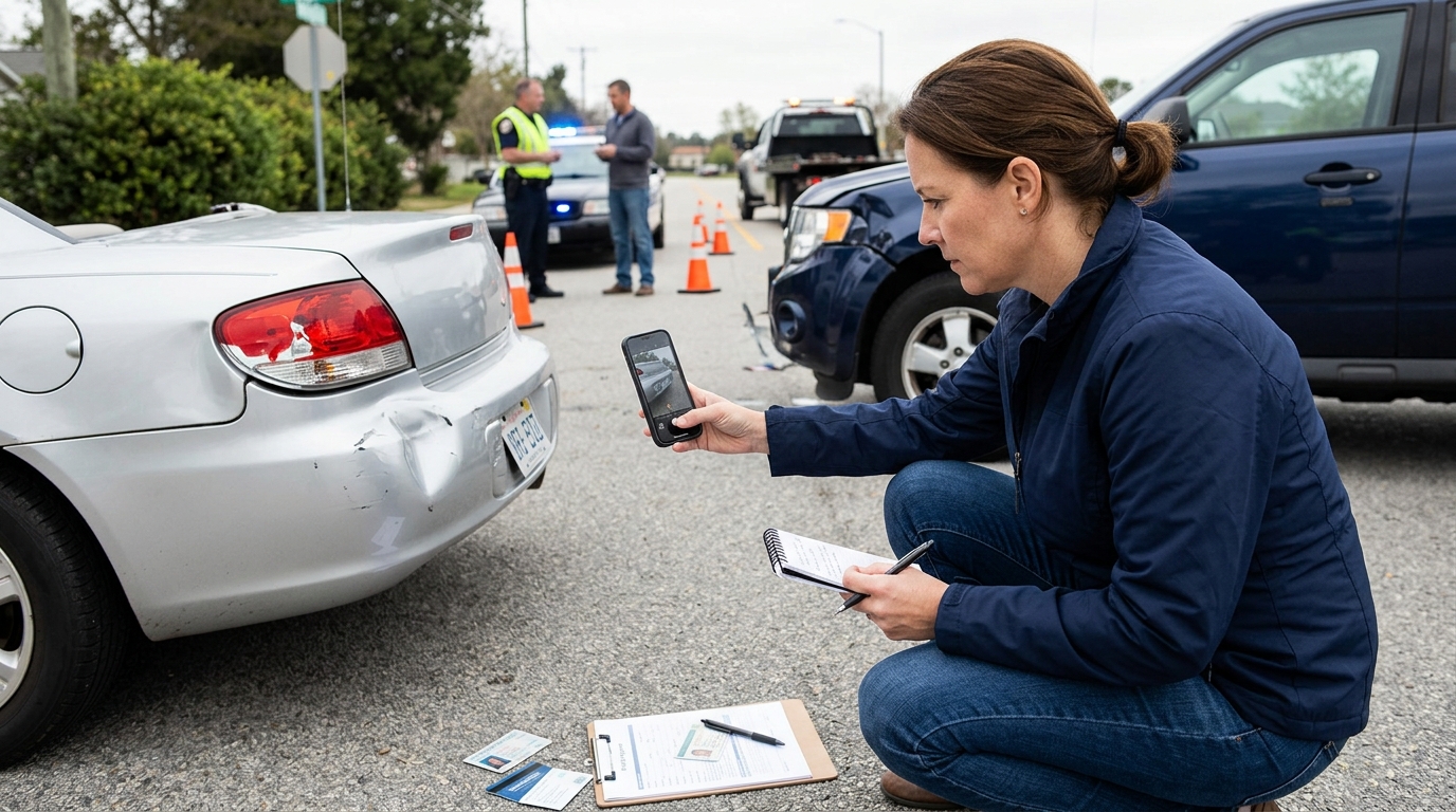 A woman taking a photo of a silver car's rear bumper damage with a smartphone at an accident scene while a police officer stands in the background.