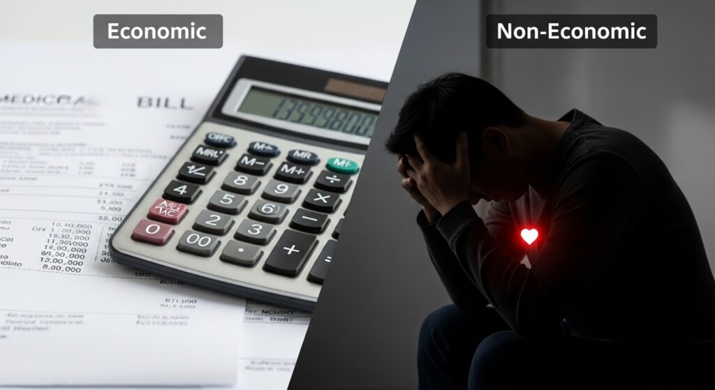 A split-screen comparison showing "Economic" damages with medical bills and a calculator on the left, and "Non-Economic" damages represented by a person in emotional distress on the right.