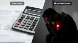A split-screen comparison showing "Economic" damages with medical bills and a calculator on the left, and "Non-Economic" damages represented by a person in emotional distress on the right.