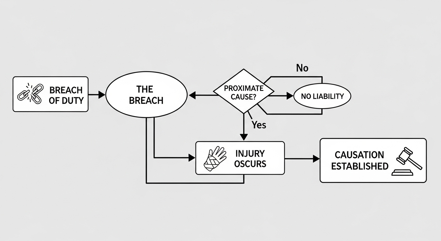 A flowchart diagram showing the legal steps to establish causation: from Breach of Duty to the Breach event, determining Proximate Cause, the occurrence of an Injury, and finally establishing Causation.