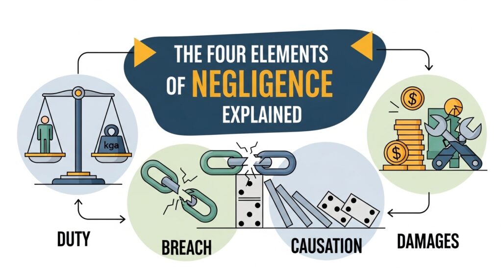 An infographic titled "The Four Elements of Negligence Explained," featuring icons for Duty (scales), Breach (a broken chain), Causation (falling dominoes), and Damages (coins and repair tools).