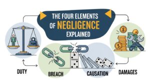 An infographic titled "The Four Elements of Negligence Explained," featuring icons for Duty (scales), Breach (a broken chain), Causation (falling dominoes), and Damages (coins and repair tools).