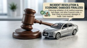 A wooden legal gavel resting on a desk next to a silver model car labeled "Exhibit B," with a speech bubble explaining the final validation of medical expenses and lost wages for case resolution.