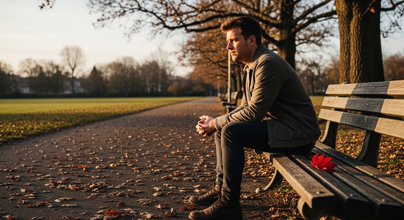 A man in a jacket sitting alone on a park bench in late autumn, looking thoughtfully into the distance as the sun sets.