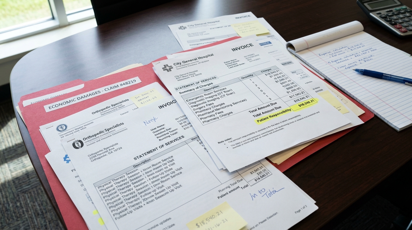 A collection of medical invoices and statements of services from "City General Hospital" and "Orthopedic Specialists" used for calculating economic damages in a legal claim.
