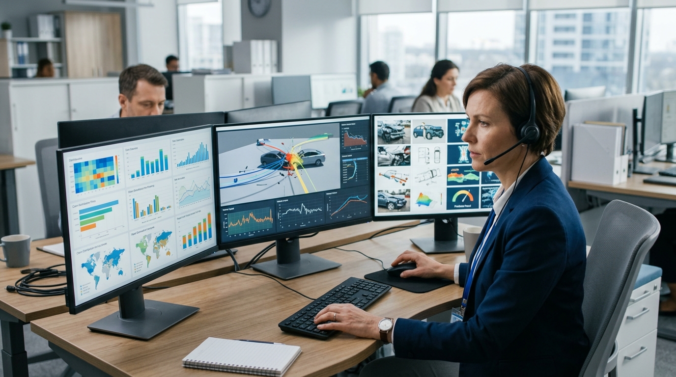 Insurance adjuster evaluating AI-based claim evidence for damages payout