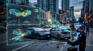 AI analyzing accident scene reconstruction for personal injury compensation claim
