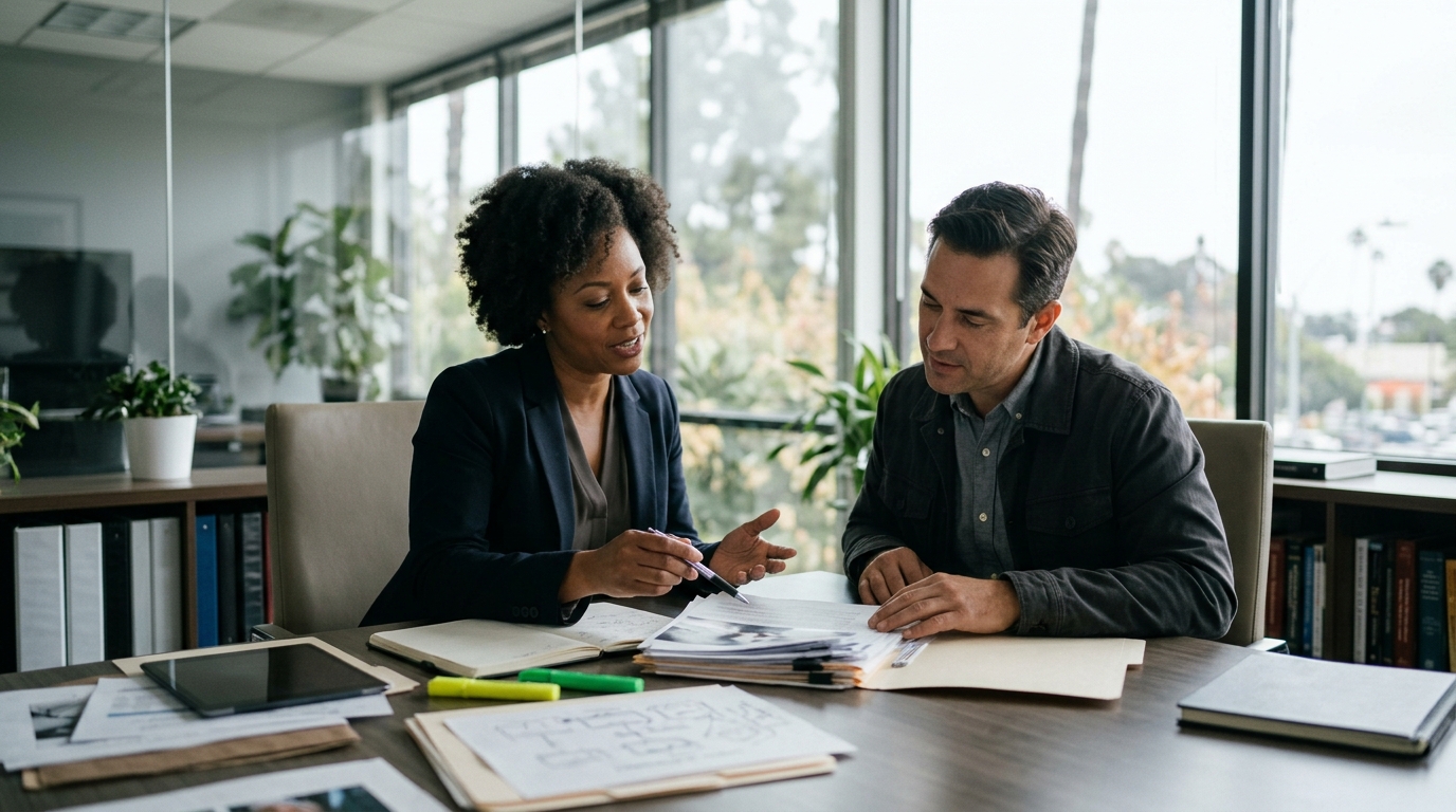 Attorney reviewing a California car accident injury claim and potential insurance settlement with a client