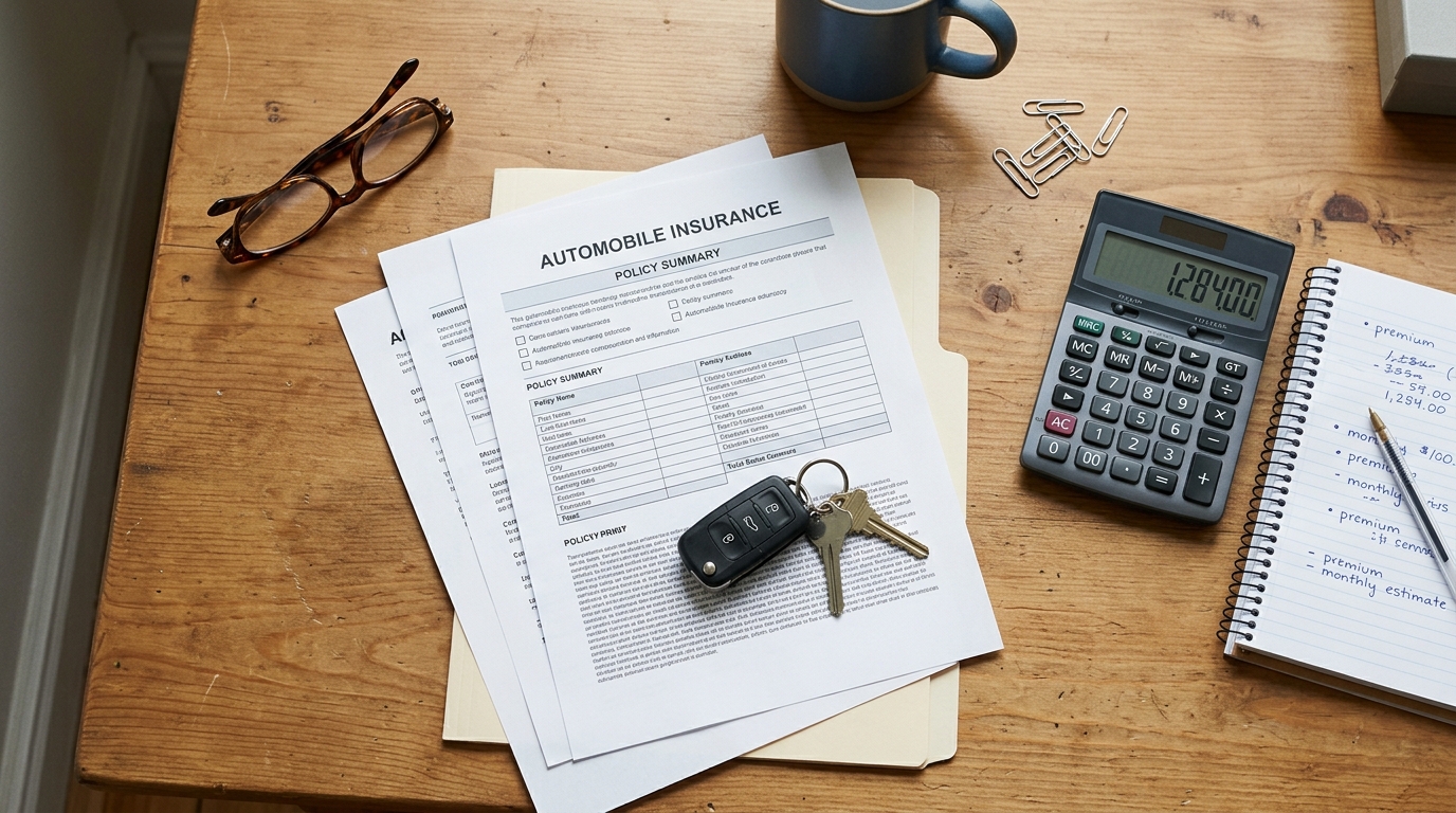 Auto insurance documents and calculator used to review California's 306015 liability limits